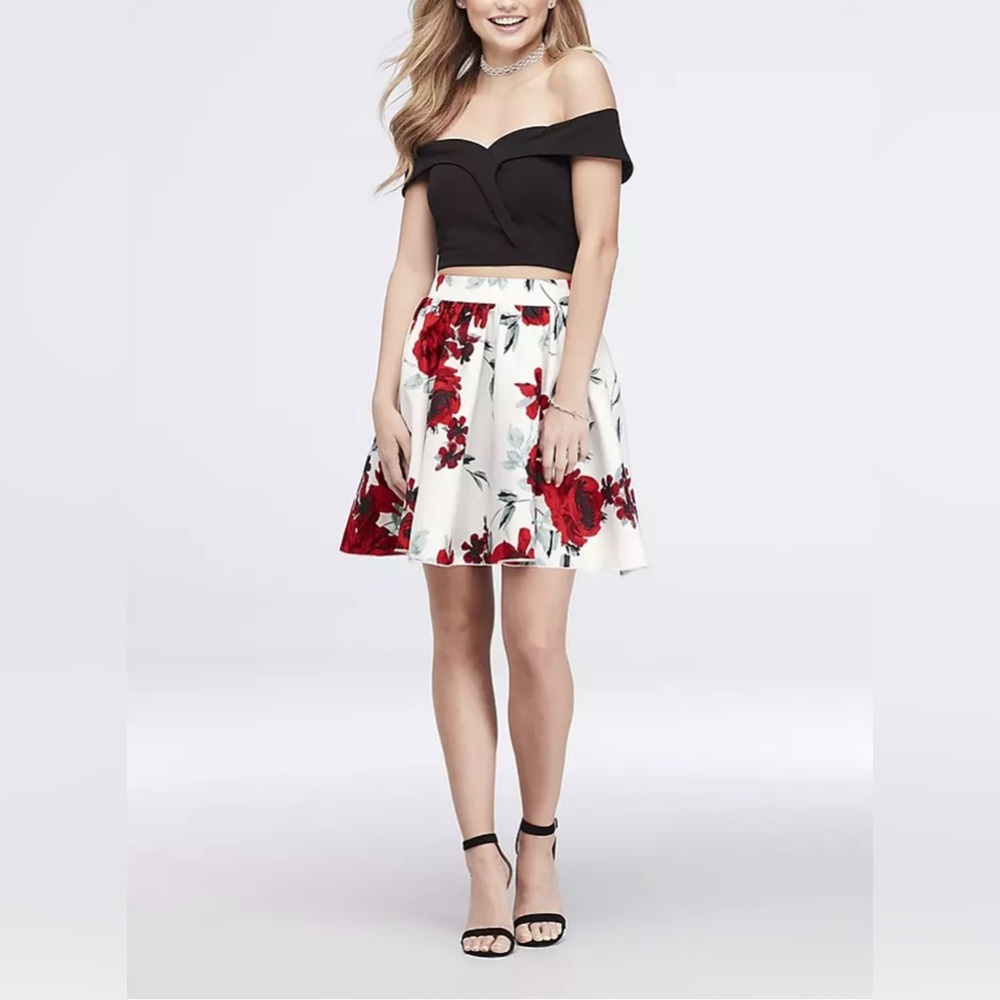 Speechless Two Piece Crepe Red and White Floral Satin Dress